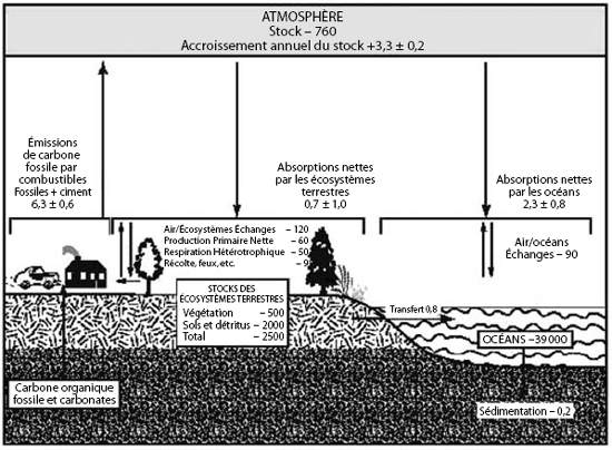 Les stocks et flux de carbone et de gaz carbonique au niveau de la planète (en GTC)